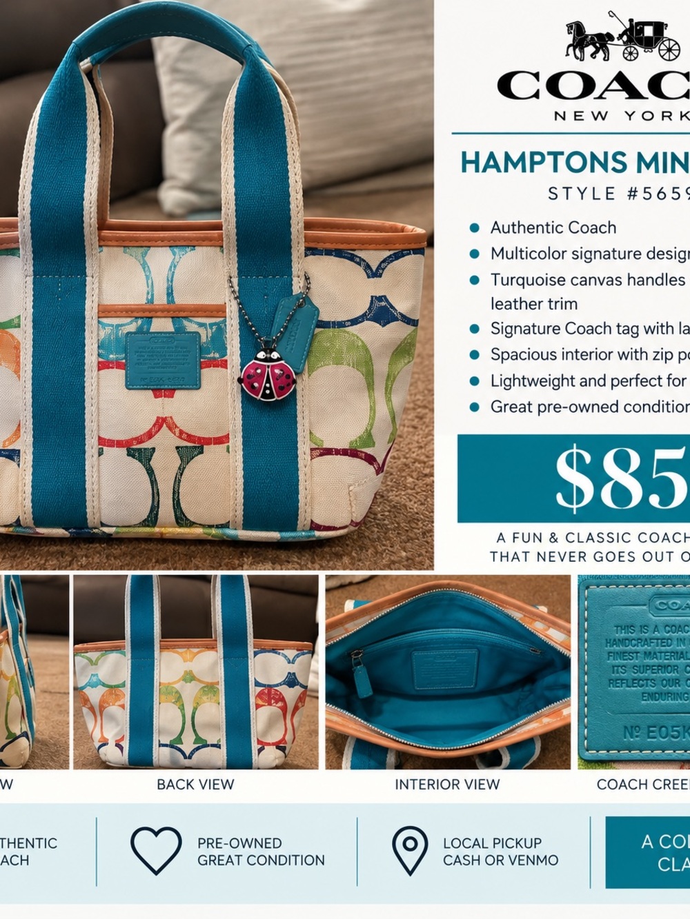 Coach Multicolor Signature Mini Tote with Turquoise Handles